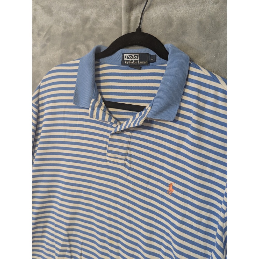 Polo Ralph Lauren Polo Shirt Mens Large Blue White Striped Cotton Short Sleeve